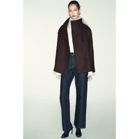 High Neck Wool Blend Short Coat Brown