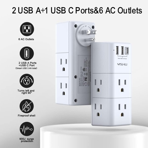 YISHU 6-Outlet 3-USB Rotating Plug Extender