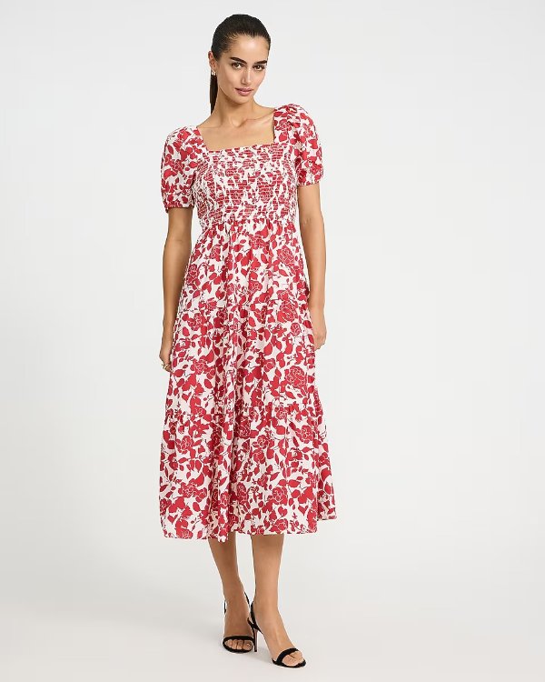 Floral Square Neck Puff Sleeve Midi Dress