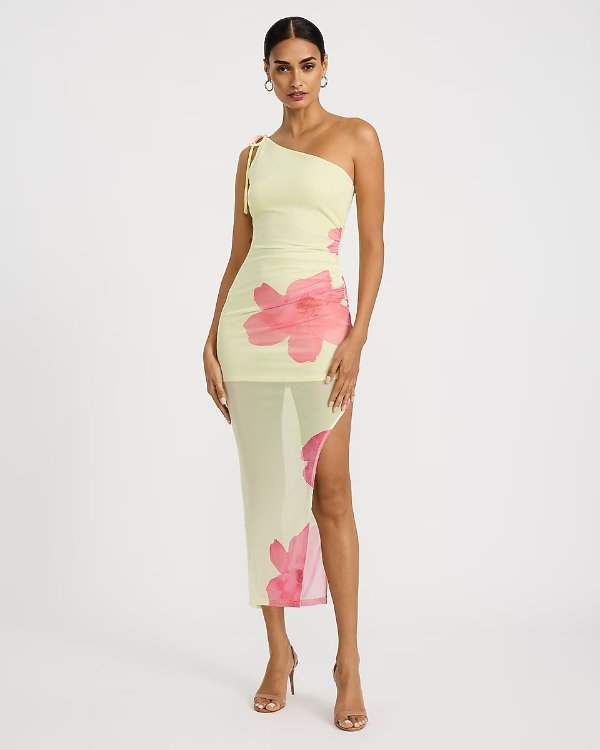 Floral Mesh One Shoulder High-low Midi Dress