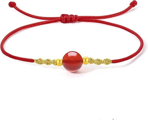 24K Solid Gold Bracelets for Women, Real Pure Gold Adjustable Friendship Gold Bead Agate Bead Bracelet Red Black Braided Bracelet for Women Men Mom Girlfriend