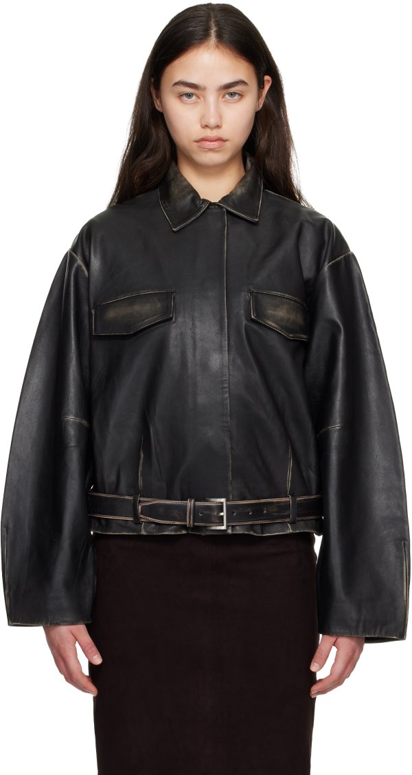 Black Brushed Leather Belted Jacket