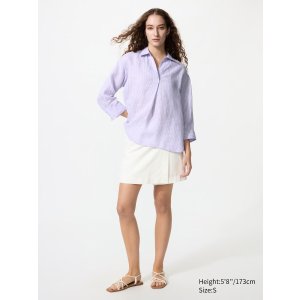 Uniqlo 女士条纹亚麻七分袖衬衫