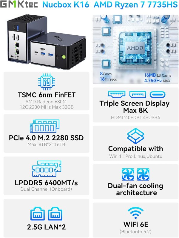 GMKtec K16 迷你主机 Ryzen 7 32GB 512GB