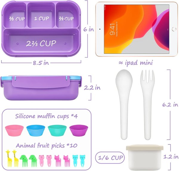 QQKO Kids Bento Lunch Box Purple 4 Compartments