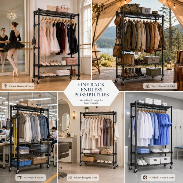 Heavy Duty Double Rod Clothing Rack with Wheels Black 43x18x81 Inch