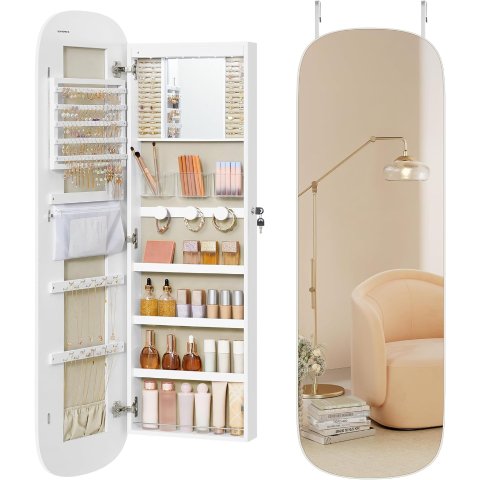 SONGMICSJewelry Cabinet LED Mirror Lockable 55 Inch White