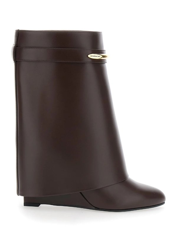  Brown Wedge Heel Ankle Boots with Logo Plate