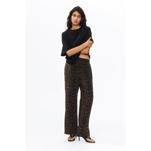 H&M Wide-Leg Pull-On Pants Dark Beige Leopard