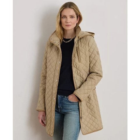 Quilted Hooded Coat Faux Suede Trim Women