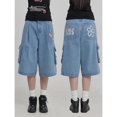 Maltese Embroidery Denim Shorts Light Blue