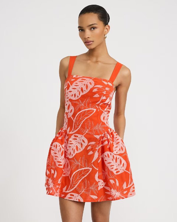 Embroidered Square Neck Mini Dress with Pockets