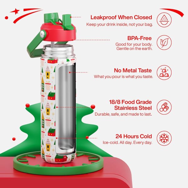 ENCOOL Stainless Steel Straw Water Bottle 26oz Bright Holiday