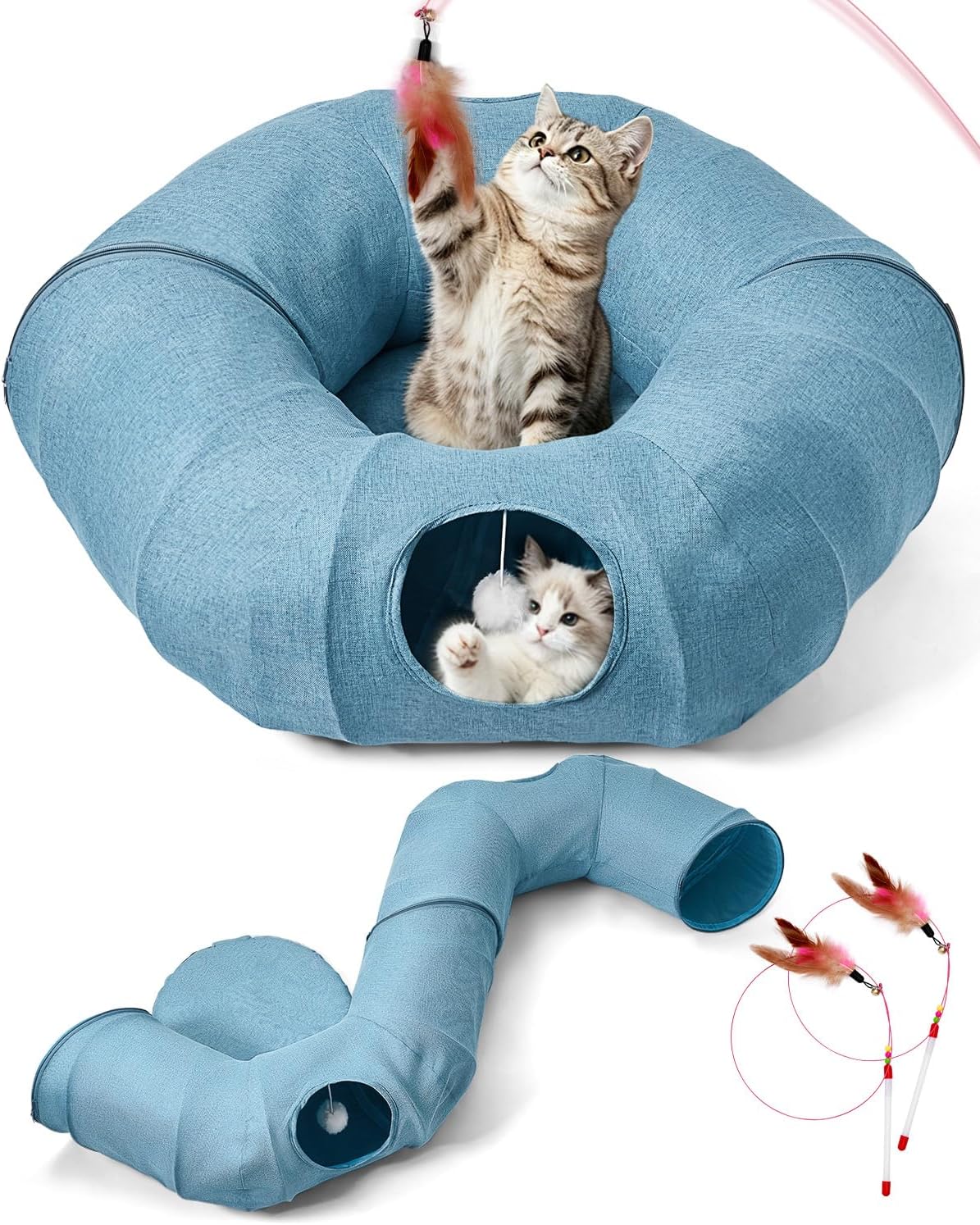 亚麻猫隧道，带中央猫床、互动猫玩具、可拆卸可水洗软垫，大型室内游戏隧道洞穴，适合幼猫、成猫和小动物