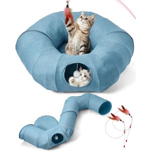 $20.99 亚麻猫隧道，带中央猫床、互动猫玩具、可拆卸可水洗软垫，大型室内游戏隧道洞穴，适合幼猫、成猫和小动物