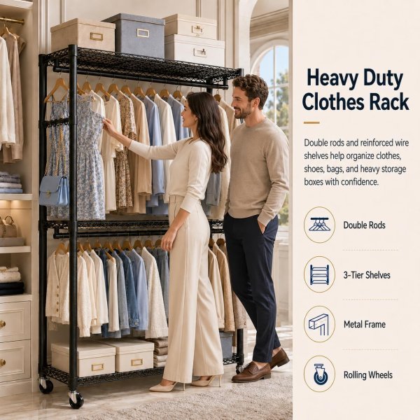 Heavy Duty Double Rod Clothing Rack with Wheels Black 43x18x81 Inch