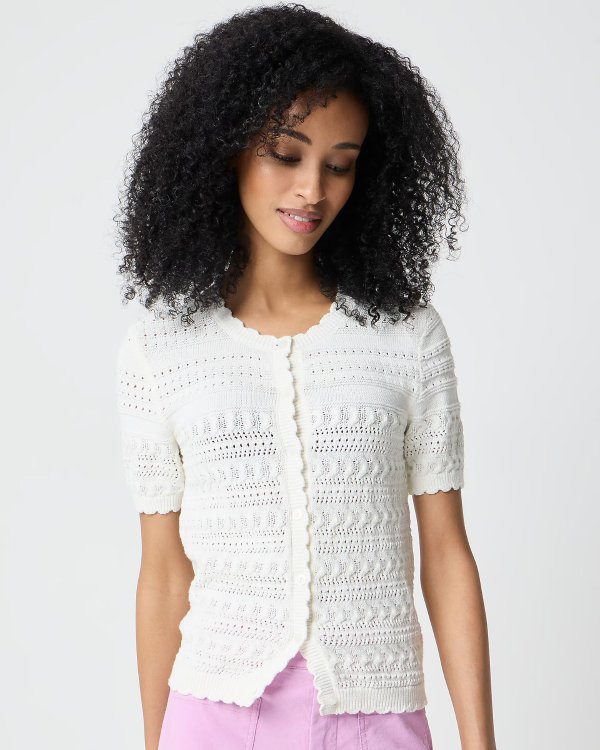 Short-Sleeve Pointelle Cardigan Sweater for Women