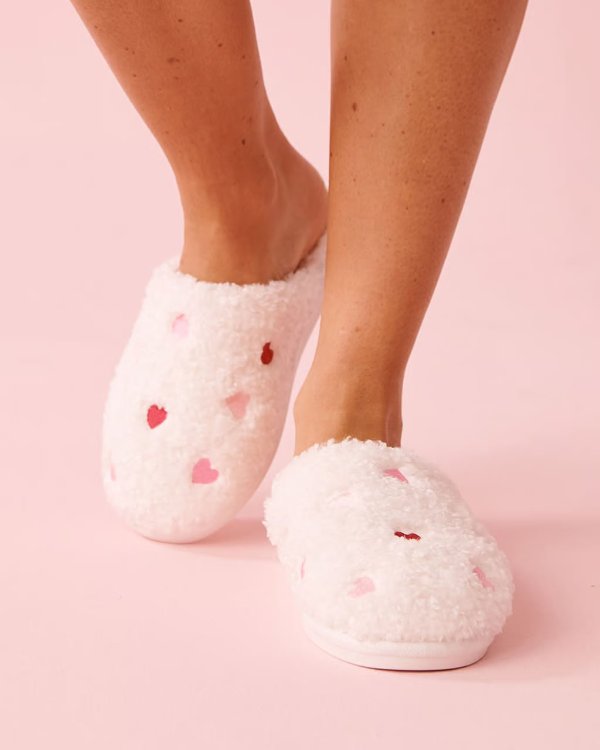 La Vie En Rose Heart Embroidered Fur Slippers