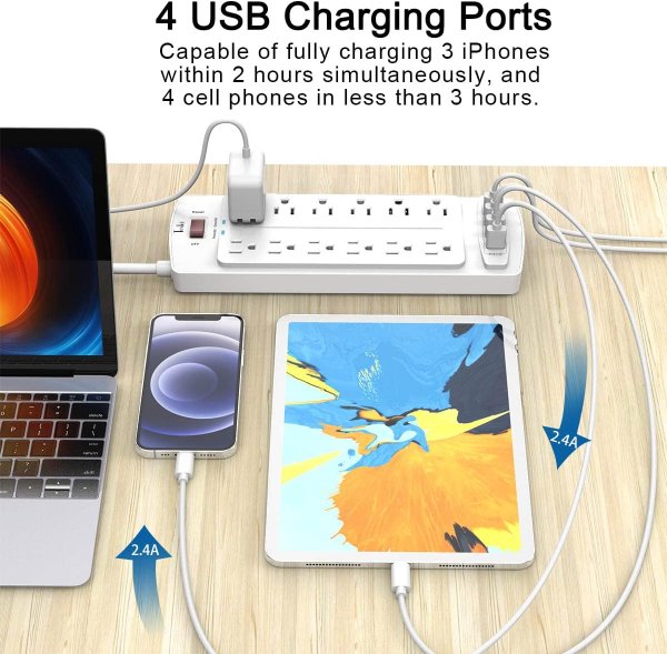 Tcstei 插座排插 12位 4USB 6英尺 白色