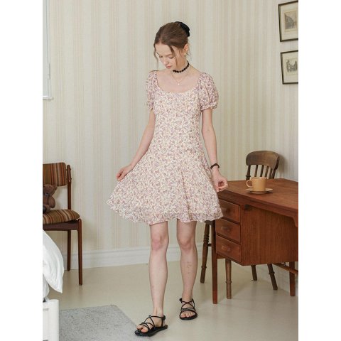DUNDROP Square Neck Floral Mini Dress Pink