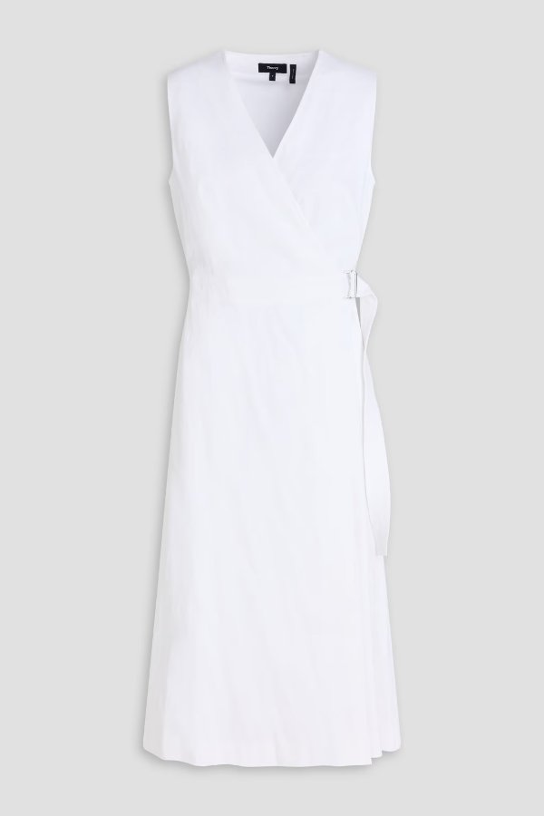Linen-Blend Midi Wrap Dress