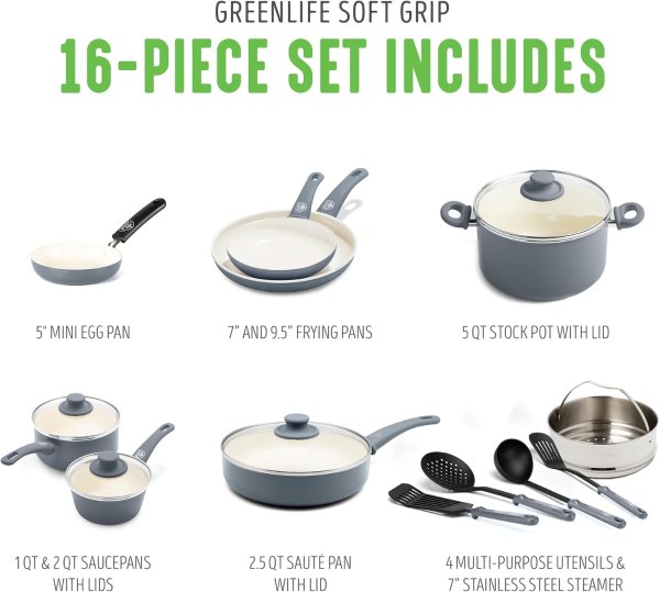 Nonstick Ceramic Cookware Set 16-Piece Gray