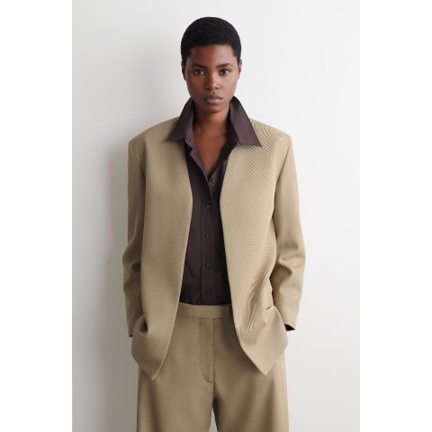 Collarless Wool Blazer Beige