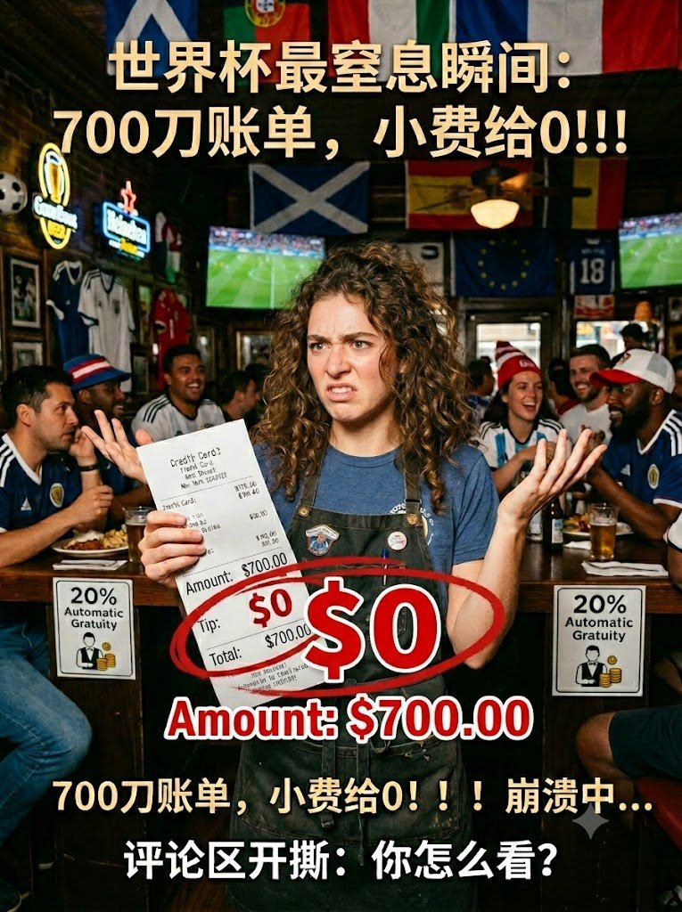 账单$700小费给$0！世界杯外国游客逼...