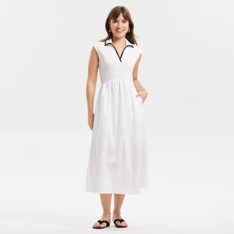 A New Day Contrast Collar Midi Dress White XS