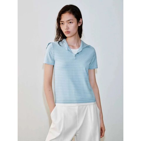 URBAN REVIVO Sailor Collar Striped Knit T-Shirt