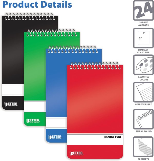 Better Office Products Memo Pads 3x5 Inch 24 Pack