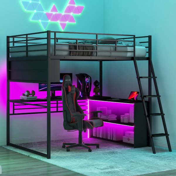 Euroco Metal Loft Bed with Desk and LED Light