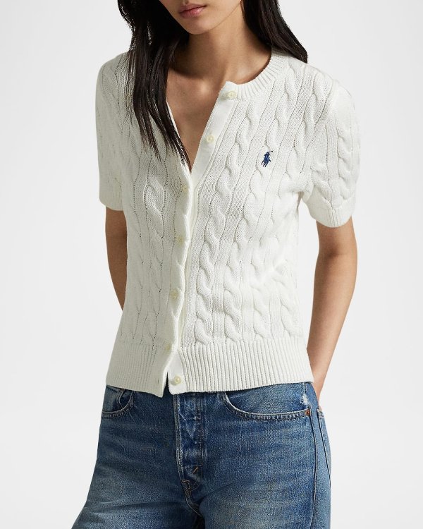 Cable-Knit Cotton Short-Sleeve Cardigan