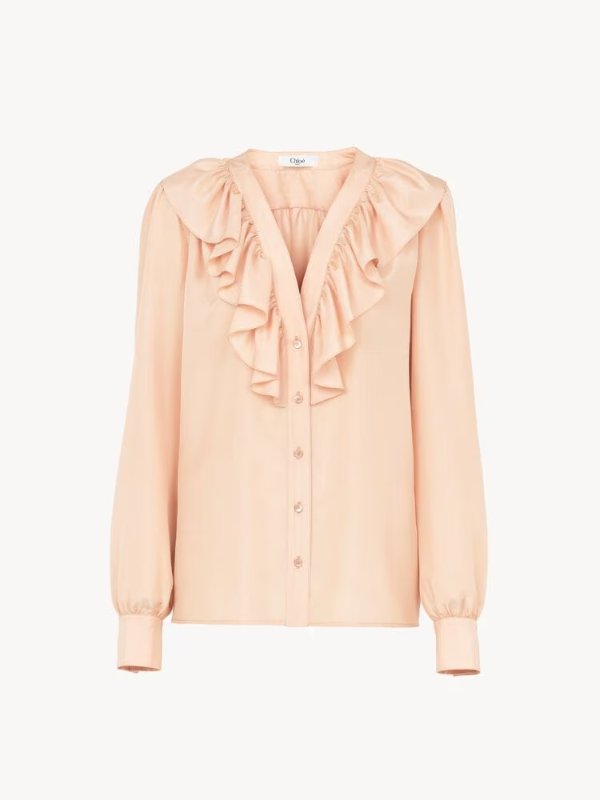 Silk V-neck Ruffled Blouse Pink