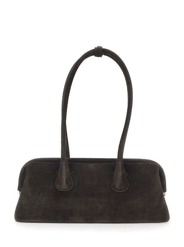  Boat Wide Shoulder Bag Round Handles Brown Suede