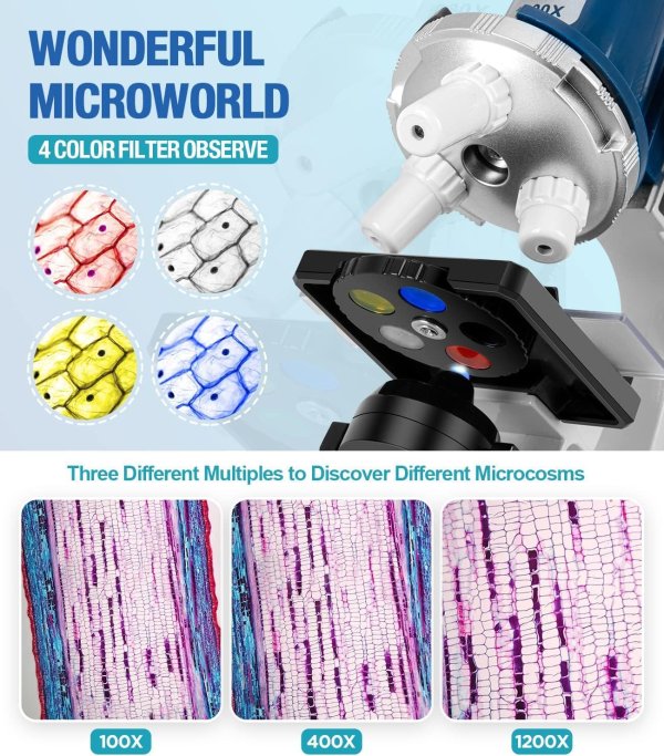 Uarzt Kids Microscope Kit 58 Pieces 100X-1200X LED