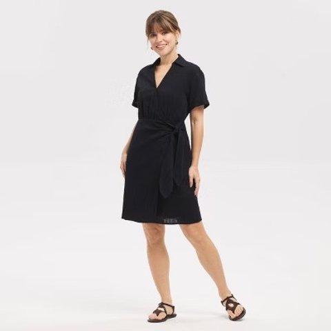  Short Sleeve Wrap Tie Shirtdress Black XS