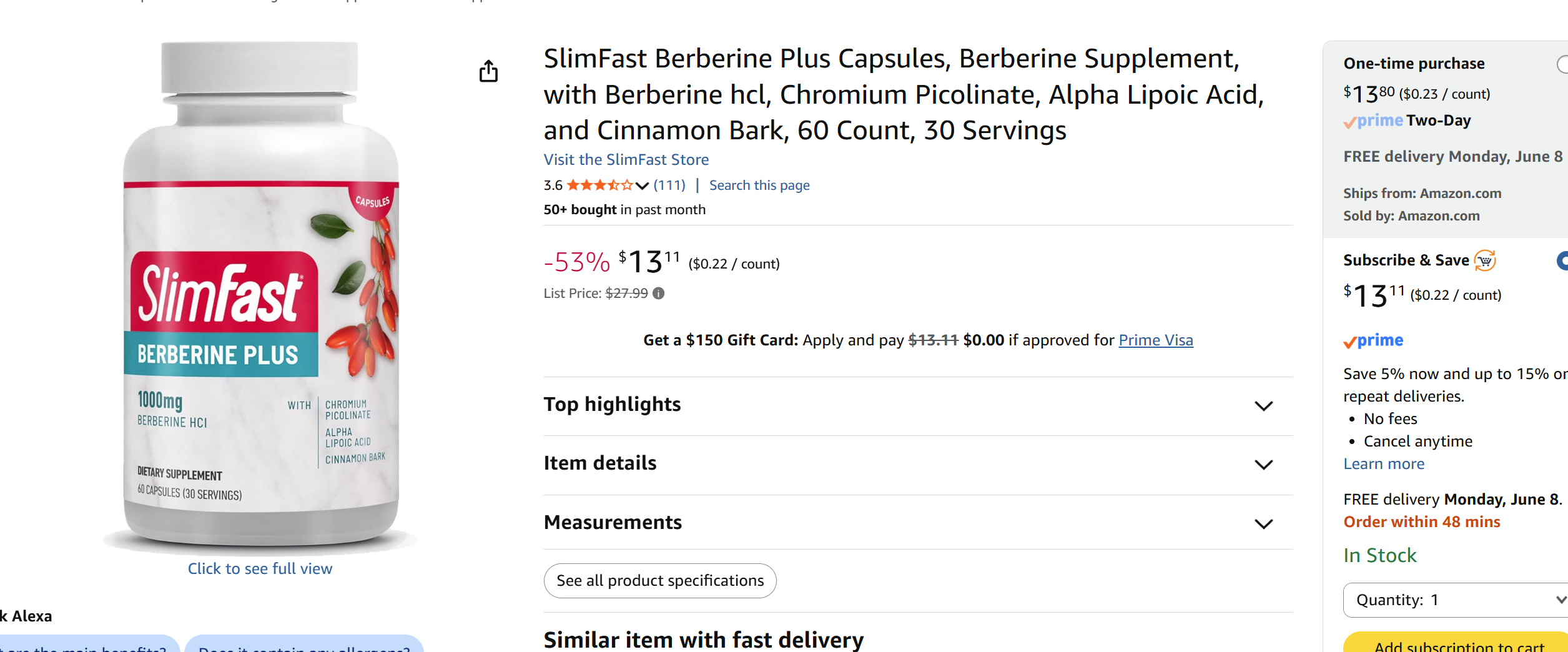 Amazon.com: SlimFast Berberine Plus Capsules, Berberine Supplement, with Berberine hcl, Chromium Picolinate, Alpha Lipoic Acid, and Cinnamon Bark, 60 Count, 30 Servings : Health &amp; Household