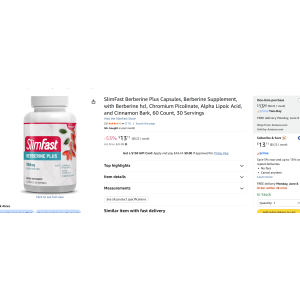 $13.11 Amazon.com: SlimFast Berberine Plus Capsules, Berberine Supplement, with Berberine hcl, Chromium Picolinate, Alpha Lipoic Acid, and Cinnamon Bark, 60 Count, 30 Servings : Health & Household