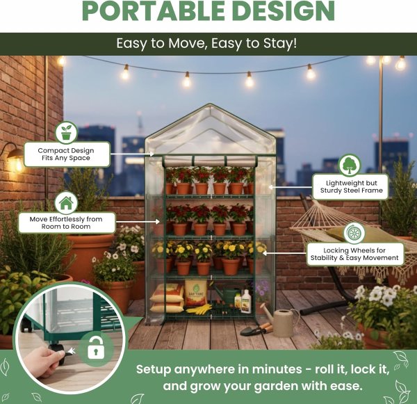 4 Tier Mini Greenhouse with Wheels PVC Cover