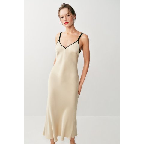 ZaraSatin Contrast Piping Midi Dress
