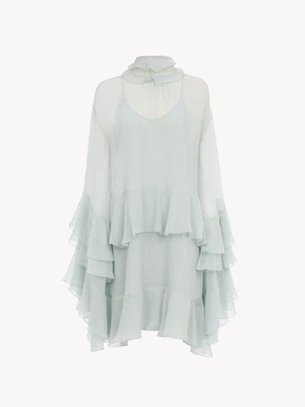 Silk Ruffled Mini Dress Green