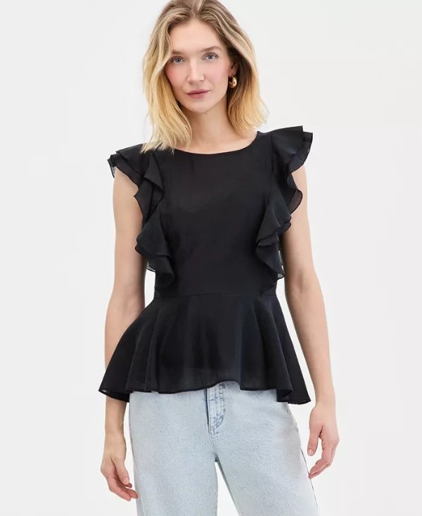 I.N.C. Women's Printed Ruffle-Sleeve Blouse