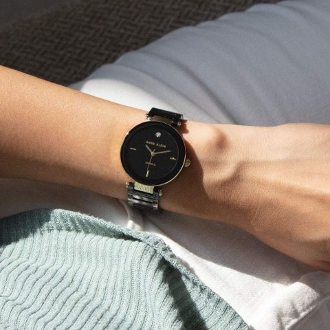 Anne Klein 黑色陶瓷女士腕表 钻石点缀