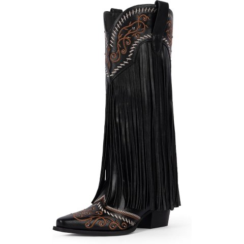Modatope Women s Fringe Embroidered Knee High Cowboy Boots