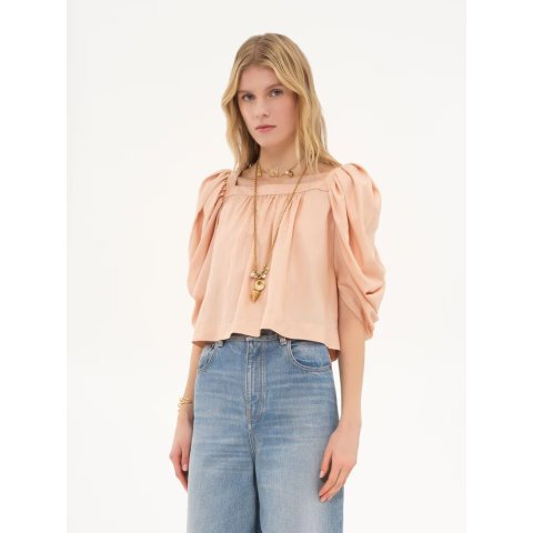 Silk Poplin Puff-Sleeve Top Pink