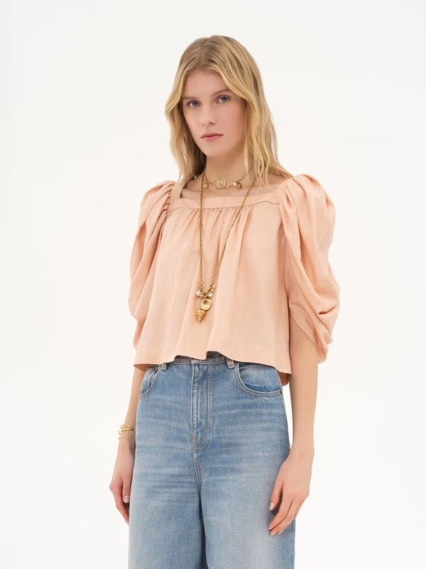 Silk Poplin Puff-Sleeve Top Pink