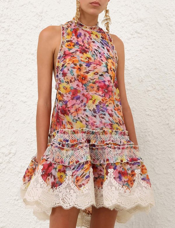 Zimmermann Luna Shirred Lantern Dress Multi Floral