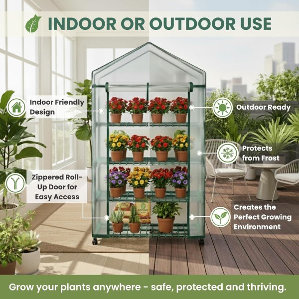 4 Tier Mini Greenhouse with Wheels PVC Cover