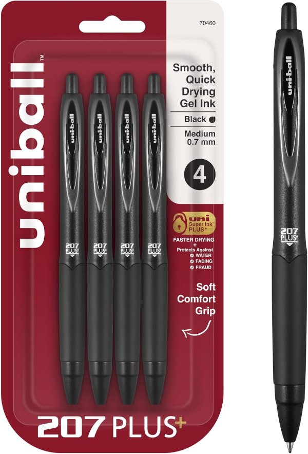 uniball 207 Plus Retractable Gel Pens 0.7mm Black 4 Pack